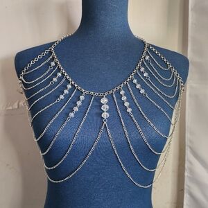 Silver and Crystal Shoulder Body Jewelry Chain Necklace Earrings Set